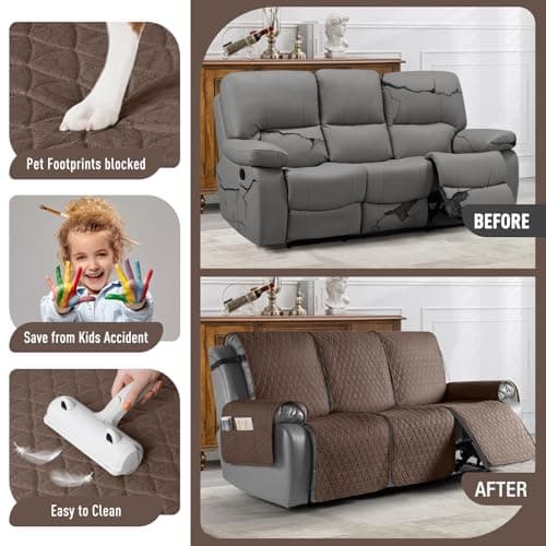 TAOCOCO 100% Waterproof Recliner Couch Covers, Non Slip Recliner Covers that Stay in Place, One-Piece Washable Reclining Sofa Cover for 3 Seater with Elastic Straps, Brown - Thumbnail 2