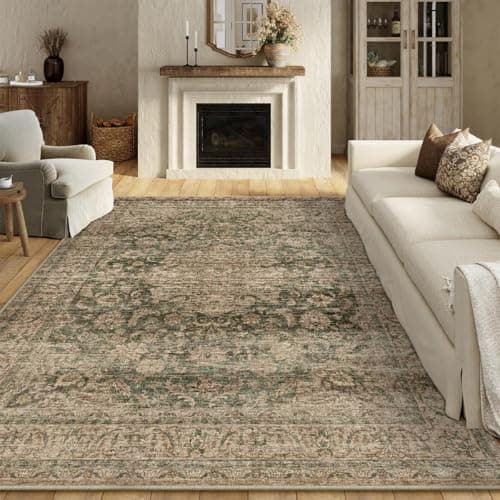WondRg 9x12 Washable Area Rug Green Brown Vintage Non Slip Soft Low Pile Rug for Living Room Bedroom Dining Room Office Distressed Oriental Indoor Large Throw Carpet for Home Decor - Image 1