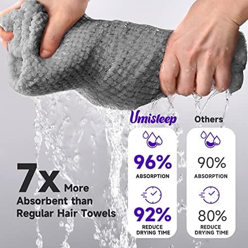 Umisleep Extra Large Microfiber Hair Towel for Women Long, Curly, Thick Hair, Super Soft Anti Frizz Quick Dry Hair Towel Wrap, Ultra Absorbent Hair Turban with Elastic Band Grey - Thumbnail 6