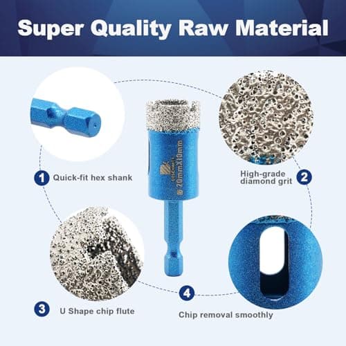 BRSCHNITT 2pcs 4/5 Inch Diamond Hole Saw Drill Bit - 20mm Hex Shank Dry Drilling Core Drill Bit Set for Porcelain Tile, Ceramic, Stone, Granite, Marble - Thumbnail 6