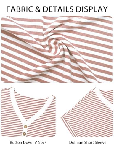 Womens T Shirts Striped Henley V Neck Dolman Short Sleeve Shirts Summer Tees Tops Beach Vacation Button Front Dressy Blouses 2026 Casual (Pink, X-Large) - Thumbnail 6