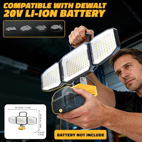 LED Work Light Compatible with DeWalt 20V Battery, 150W 15000LM Flood Light, 6500K Daylight 3-Head Adjustable, USB Type-C&2 Brightness Modes Portable Flashlight Job Site Light (Tool Only) - Thumbnail 2