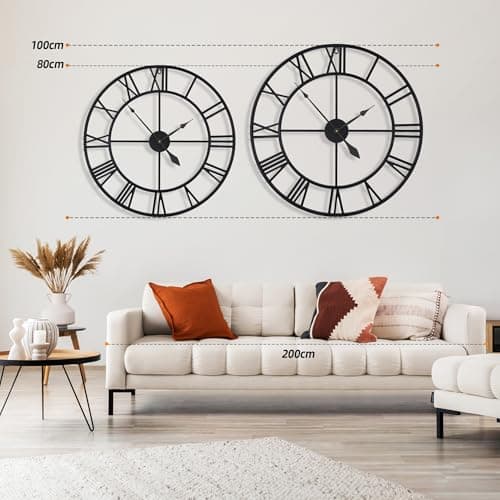 HAITANG Large Wall Clock for Living Room Decor, 32 Inch Black Metal Silent Non Ticking Battery Operated Modern Vintage Decorative Clock for Bedroom - Thumbnail 2