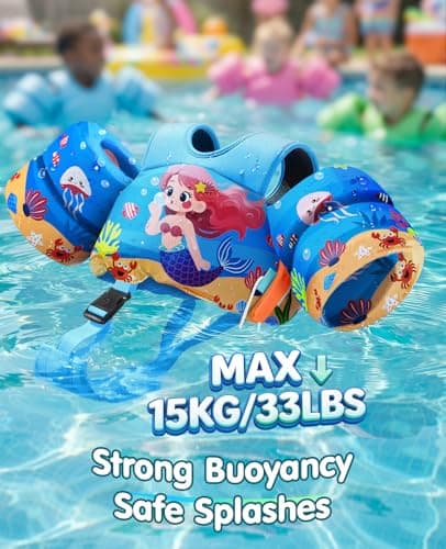 HeySplash Toddler Swim Vest, Toddler Floaties Fit 13.2-33 Lbs, Puddle Kids Jumper with Adjustable Strap Pool Float Jacket Arm Floaties Baby Floatie Water Wing Pool Sea Swimming Aid, Blue Sea Mermaid - Thumbnail 3