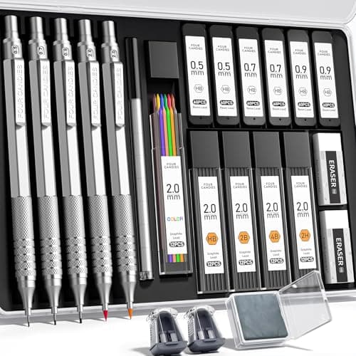 Four Candies Metal Mechanical Pencil Set, 3PCS Art Drafting Pencils 0.5, 0.7, 0.9MM & 2PCS 2MM Mechanical Drawing Pencils with 420PCS Leads (4B 2B HB 2H Color) for Writing Sketching Drawing (Silver)