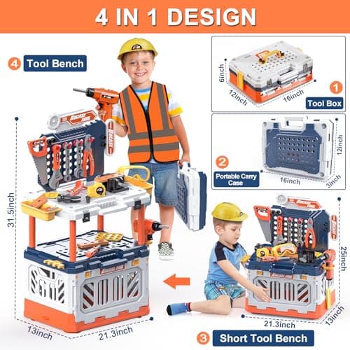 Kids Tool Bench - Toy Workbench with Storage Box,4 in 1 Kids Tool Set with Electric Drill Toy Tool Accessories 90pcs Pretend Play Construction Toy Educational Gift for Kids 3-5,4-8 - Thumbnail 3