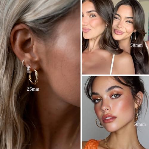 Gold Hoop Earrings for Women, Hypoallergenic Large Heart Hoops Earrings Set, Lightweight Small Big Women Loop Earrings Pack for Jewelry Gift 25mm/30mm/40mm/50mm - Thumbnail 3