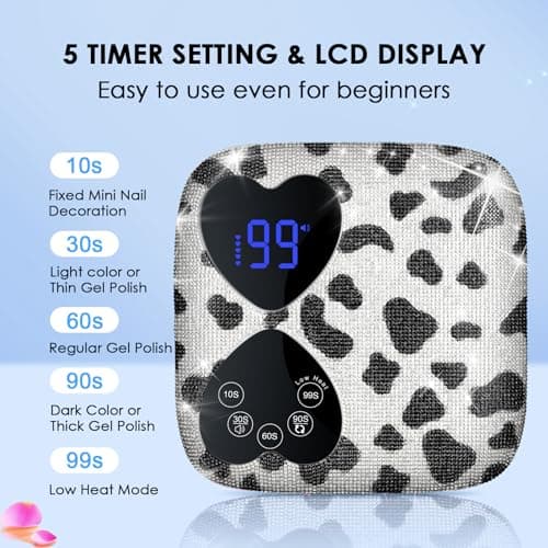 UV LED Nail Lamp Cordless, HUITINE 80W Rechargeable UV Light for Gel Nails with 5 Timers & Mirror Base, Professional Gel Light Dryer, Sparkling Rhinestones Curing Lamp for Salon & Home (Cow Diamond) - Thumbnail 4