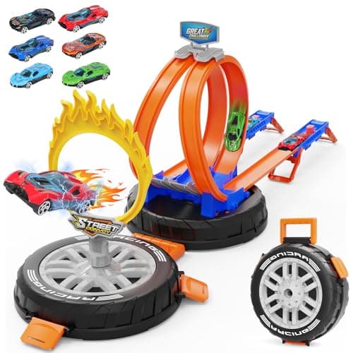 Toy Car Race Track Set for Kids Ages 4-8, Stunt Tire-Shaped Case Transforms into Race Course, 6 Cars in 1:64 Scale, 2 Ways to Play, Action Loop Cyclone Challenge & Speed Snap Track