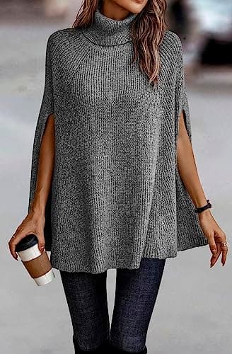 KIRUNDO Women's 2026 Fall Winter Turtleneck Poncho Sweater Fashion Chunky Knit Cape Wrap Sweaters Pullover Jumper Tops(Grey, X-Large) - Thumbnail 6