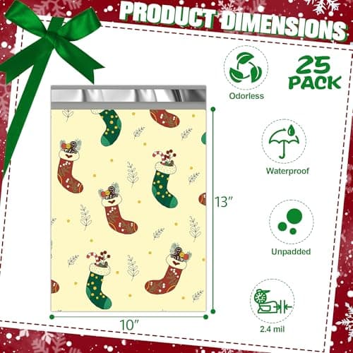JinRuiKJ Christmas Poly Mailers 10x13 Inch 25 Pcs - Heavy Duty Tear-Proof Mailings Envelopes - Waterproof Shipping Bags for Small Business & Boutique - Christmas Stockings - Thumbnail 3