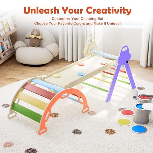 doowroodni Pikler Triangle Set 7in1 Toddler Climbing Toys Indoor Foldable Baby Climbing Toys Wooden Montessori Climbing Set with Arch, Ramp, Ladder for 1-3 Years, Jungle Gym for Kids - Thumbnail 4