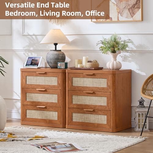 LEYAOYAO Rattan Night Stand with Charger Station, 23" Large 3 Drawer Boho Nightstand, Tea Brown Bedside Table Storage Cabinet, Bed Side End Tables for Bedroom, Living Room, Hallway - Thumbnail 4