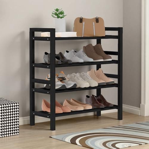 Haddockway Bamboo Shoe Rack for Closet, Free Standing Shoe Organizer with Smooth Round Rods & Convenient Handles, Stackable Shoe Storage Shelf for Entryway, Hallway(Black, 4-Tier(Small)) - Thumbnail 2