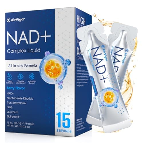 AirVigor NAD+ Liquid Supplement for Daily Energy, Focus & Vitality Support, Liposomal NAD Plus Liquid Sticks with Nicotinamide Riboside, Resveratrol, Quercetin & PQQ, Berry, 15 Servings