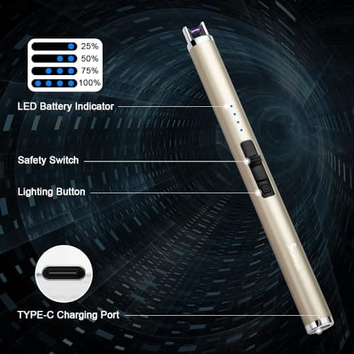 SUPRUS Electric Lighter Candle Type C Rechargeable Lighter with Upgraded LED Battery Display Safety Switch Flameless Plasma Windproof for Candle Cooking BBQs Fireworks (Champagne Gold) - Thumbnail 2