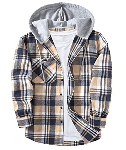 SWISSWELL Mens Flannel Shirts Long Sleeve Button Down Shirts Lightweight Flannel Jacket for Men Casual Plaid Shirt with Hood Navy Beige - Image 1