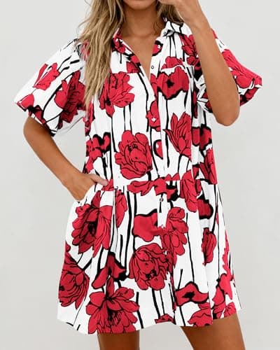 PRETTYGARDEN Womens Summer Dresses 2026 Casual Puff Sleeve Button Down Mini Shirt Dress Boho Floral Babydoll Sun Dress(Red,X-Large) - Thumbnail 4