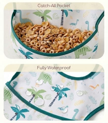 CIVARUA KIDS 3-Pack Waterproof Baby Bibs for Eating - Mess Proof Lightweight Toddler Feeding Bibs with Large Food Catcher, Food-Grade Baby Eating Essentials, Easy to Put On & Clean(Blue Dinosaur) - Thumbnail 4