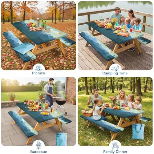 Picnic Table Cover with Bench Covers and Bag, 72in Camping Tablecloth, Waterproof Windproof Elastic Edges Fitted Rectangle Tables RV Gear Campers Must Have（Green） - Thumbnail 6