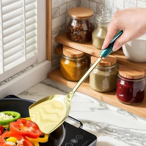 Novellus Stainless Steel Gold Kitchen Utensils Set with Holder, 7pcs Green - Thumbnail 4