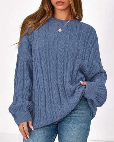KIRUNDO Oversized Chunky Cable Knit Sweater Women 2026 Fall Fashion Cozy Long Sleeve Crewneck Pullover Winter Clothing(Blue, Small) - Thumbnail 5