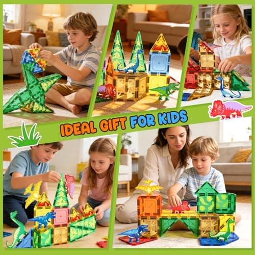 Coodoo Dinosaur Toys Magnetic Tiles - Magnet Building Blocks for Toddler Kids Toys STEM Sensory Outdoor Toy for 3+ Year Old Boys and Girls, Dinosaur World Creative Games Kids - Thumbnail 3