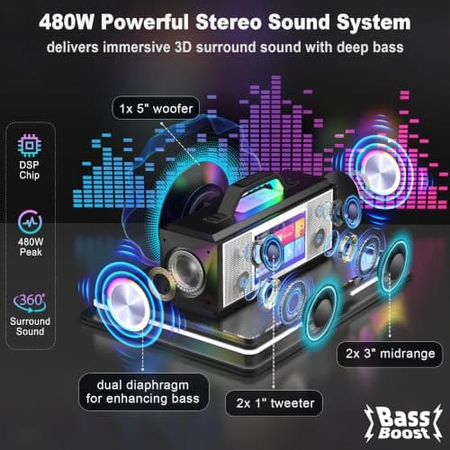 Podvoxlit Smart Karaoke Machine for Adults, with Lyrics Display, 2 Wireless Microphones, 480W Bluetooth Speaker for Party, Portable Karaoke System with Dynamic Lights for Any Occasion - Thumbnail 2