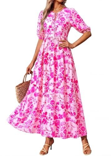KIRUNDO Summer Dresses for Women 2026 Spring Wedding Guest Boho Floral 3/4 Sleeve Beach Vacation Cruise Flowy Maxi Dress(Rose Red, Medium) - Thumbnail 5