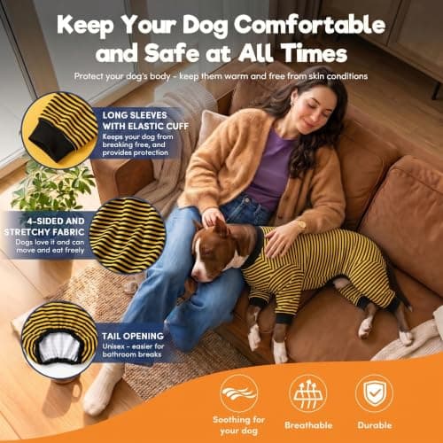 LovinPet Dog PJS Clothes for Giant Dogs, Pitbull Pure Cotton Yellow and Black Stripe Dog Shirt, 4-Legged Design, Full Body Coverage, Pajamas for Pitbulls, Onesies for Dogs, Large - Thumbnail 5