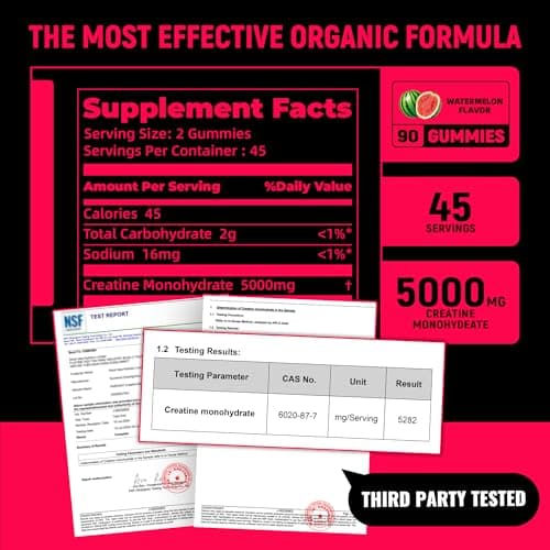NSF Certified Creatine Gummy - Creatine Monohydrate Gummies 5g for Men & Women - Boost Focus,Strength, and Endurance, Vegan, Gluten-Free, Non-GMO, 2.5 Gram Creatine per Gummy ( Watermelon 90 ct) - Thumbnail 2