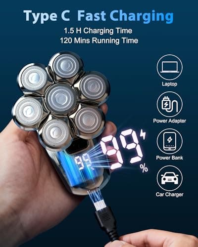 Head Shaver for Bald Men, 7D Floating Rotary Shaver with LED Display, Detachable Electric Shavers Rechargeable 2-Speed Modes Motor IPX7 Waterproof Dry/Wet Electric Razor, Gift for Dad Husband - Thumbnail 4
