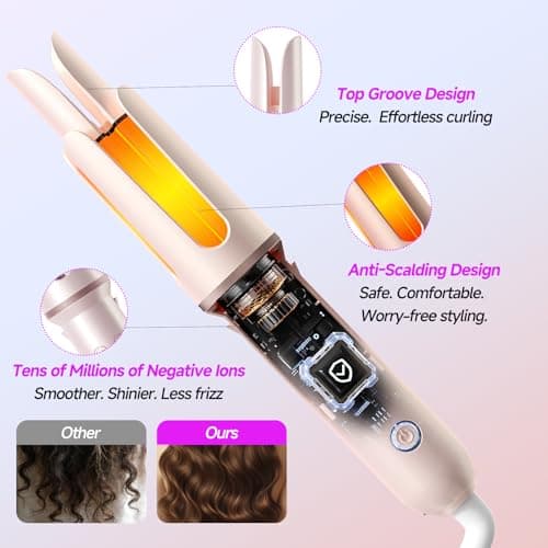 DYHOO Professional Automatic Rotating Curling Iron for Long Hair, 1.25” Curling Wand for Loose Curls & Beach Waves, Ionic Ceramic Hair Curler, Anti-Scald & Tangle-Free, Dual Voltage, Pink - Thumbnail 6