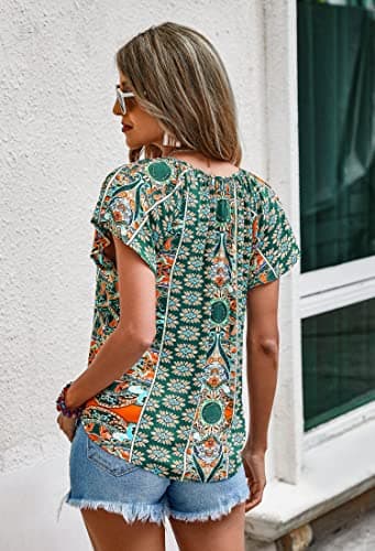 Angashion Women's Summer Tops Casual Floral Print V Neck Ruffle Short Sleeve Loose Tunic T Shirt Blouse Green XL - Thumbnail 5