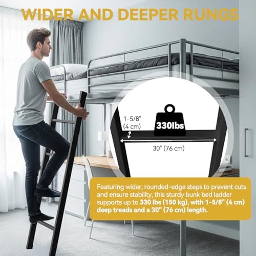 66inch RV Bunk Bed Ladder, 66" Heavy Duty Travel Trailer Bed Ladders, Metal Camper Bunk Bed Ladder with 4 Hook and Foot Caps, 330 LBS Loading Twin Bed Step Ladder Portable Stairs Steps, Black - Thumbnail 4