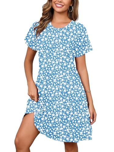Heymoments Women Short Sleeve Dress Floral Print Medium Crew Neck Casual Flowy Cute Below Knee Sundress Comfy Shirt Teachers Summer Travel 2025 Novelty Boho Dresses with Pockets - Image 1