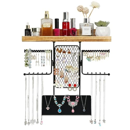 BNING Hanging Jewelry Organizer, Wall Jewelry Organizer with Shelf for Women, Rustic Wooden Necklace Holder Wall Mounted, Earring Holder Organizer Display for Earrings Bracelets Necklaces - Image 1