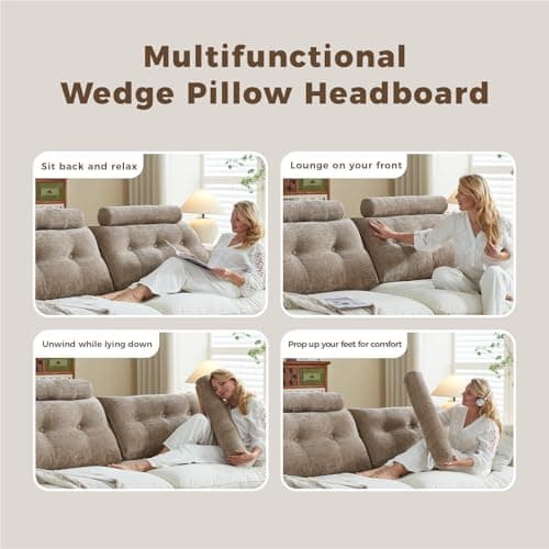 ZERALIVEN Headboard Pillow for Full – Chenille Large Triangular Wedge Pillow for Headboard Gap, Daybed and Couch Backrest, Reading and Sitting Up in Bed with Removable Washable Cover, Brown - Thumbnail 4