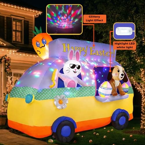 GIFTFIND 7.3FT Long Easter Inflatables Outdoor Decorations - Bunny and Dog Riding Bus, Build-in LED Lights Holiday Blow Up Yard Decoration, for Patio Garden Lawn Party Celebration Decor - Thumbnail 5