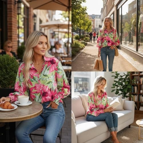 Mincib Women's Floral Print Blouse Long Sleeve Button Down Shirts Casual Dressy Blouse Shirts Tops(02Red,S) - Thumbnail 5