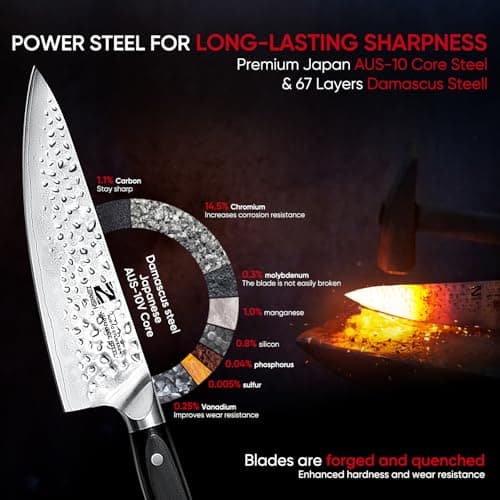 【Chef Choice】 8 Inch Damascus Chef Knife, Anti-Stick Hammered Blade, Japanese AUS-10 67-Layer Kitchen Knife, Ergonomic G10 Handle, Professional Meat & Vegetable Cooking Knife, Gift Box - Thumbnail 4