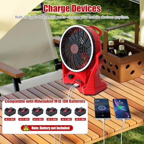 Cordless Battery Operated Fan Compatible with Milwaukee M18 18V Battery, 10in Portable Rechargeable Fan Variable Speed Hanging Hook Up to 4.5 Hrs Runtime for Camping, Jobsite, Outdoor(NO Battery) - Thumbnail 3