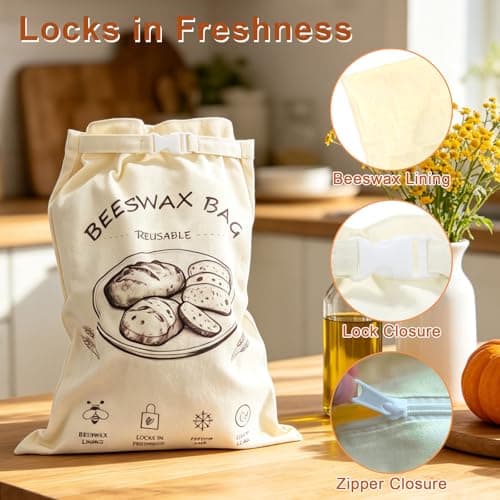 Beeswax Bread Bag 2 Pack, Reusable Organic Cotton Beeswax Bread Bags for Sourdough Homemade Bread, 17x13 Inch Large Capacity, Eco-Friendly, Keep Fresh, Locks in Moisture, Lock Closure, Easy to Clean - Thumbnail 5
