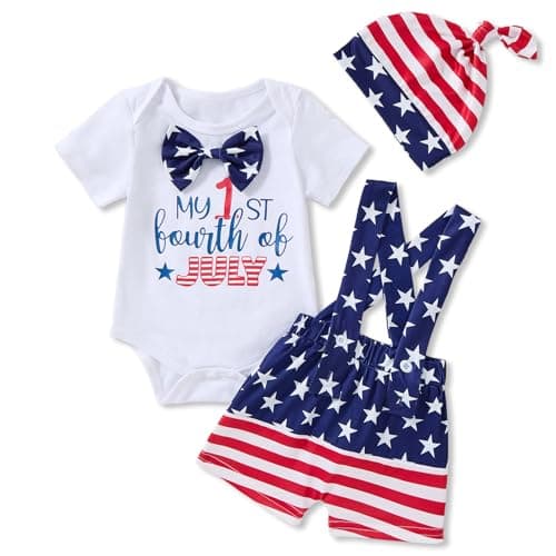 Hihosdor My First 4th of July Baby Boy Outfit, 3 Pcs Patriotic Romper + Overalls Shorts & Hat Newborn Clothings Sets - Image 1