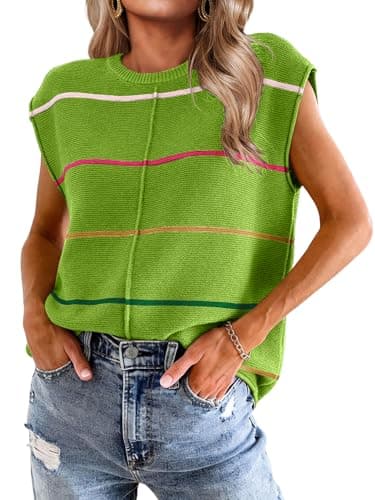 Bellcoco Womens Cap Sleeve Summer Tops Striped Sweater Vest Lightweight Casual Crewneck Loose Knit Pullover Tank Top Beach Vacation Outfits Green L - Image 1