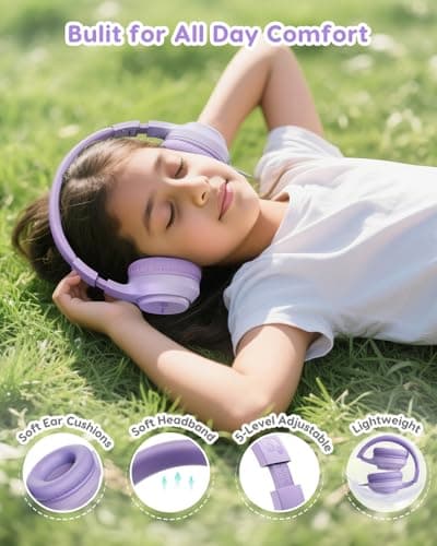 awatrue Kids Headphones, 74/85/94dB Volume Limiter, Foldable Wired Over Ear Headphones for Travel, 3.5mm Jack, Toddler Headphones for School, Chromebook, iPad, Tablet, Purple - Thumbnail 5