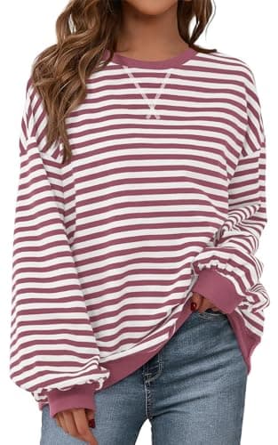 PRETTYGARDEN Women Striped Oversized Sweatshirt Color Block Crew Neck Long Sleeve Casual Pullover Top Spring Y2K Clothes (Bean Paste Red White, Small) - Image 1