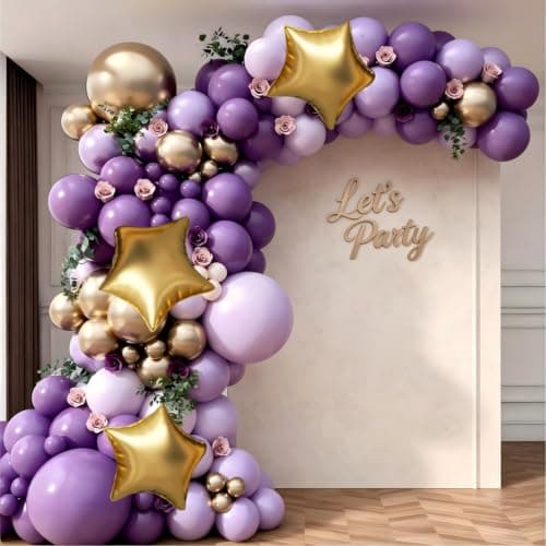 Purple and Gold Balloon Garland Arch Kit, Purple Light Purple Metallic Gold Balloons with Gold Star Foil Balloons for Lavender Butterfly Birthday Wedding Baby Shower Anniversary Party Decorations - Image 1