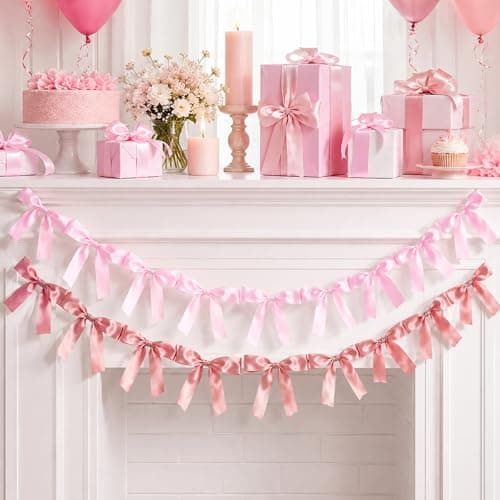 Pink Bow Garland Banner Coquette Birthday Party Decorations, 5.9FT Satin Bow Banner Decorations for Baptism Gift Daughter Nursery Baby Bridal Shower Wedding Favors Engagement Party Supplies
