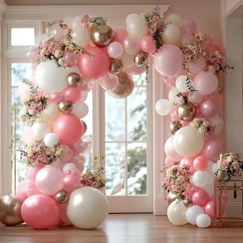 Pink White Balloon Garland Double Stuffed, Pastel Pearl Pink Champagne Gold White Sand Balloon Arch Kit for Mother's Day Birthday Baby Shower Bridal Shower Wedding Party Decorations - Thumbnail 2